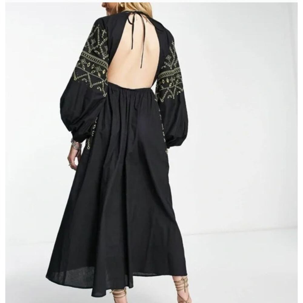 ASOS Design Embroidered Button Midaxi Dress Womens Size 8 Black Green Open Back - Picture 4 of 9